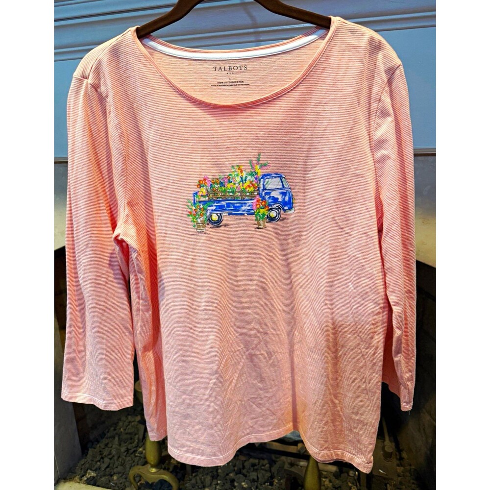 Talbots Pink/White Striped Embroidered Floral Truck Round Neck 3/4 Tee L